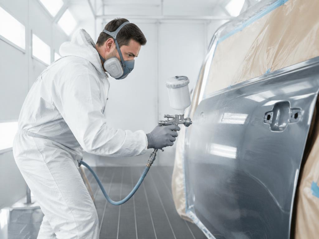 Spray painter applying colour-matched paint to a car door in the booth